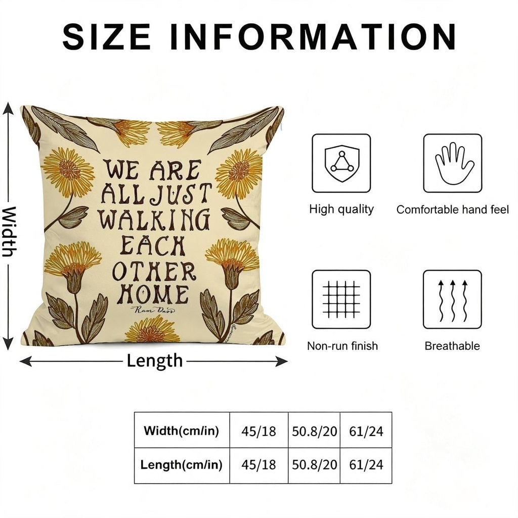 Decorative floral throw pillow with inspirational text and size measurement chart.