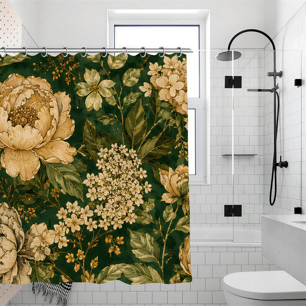 Dark Green Vintage Botanical Shower Curtain | Peony & Wildflower Bathroom Decor