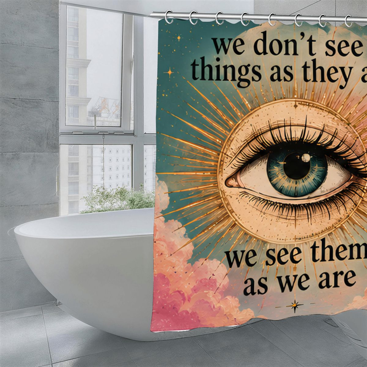 Boho shower curtain featuring a large mystical eye and inspirational quote in a bathroom.