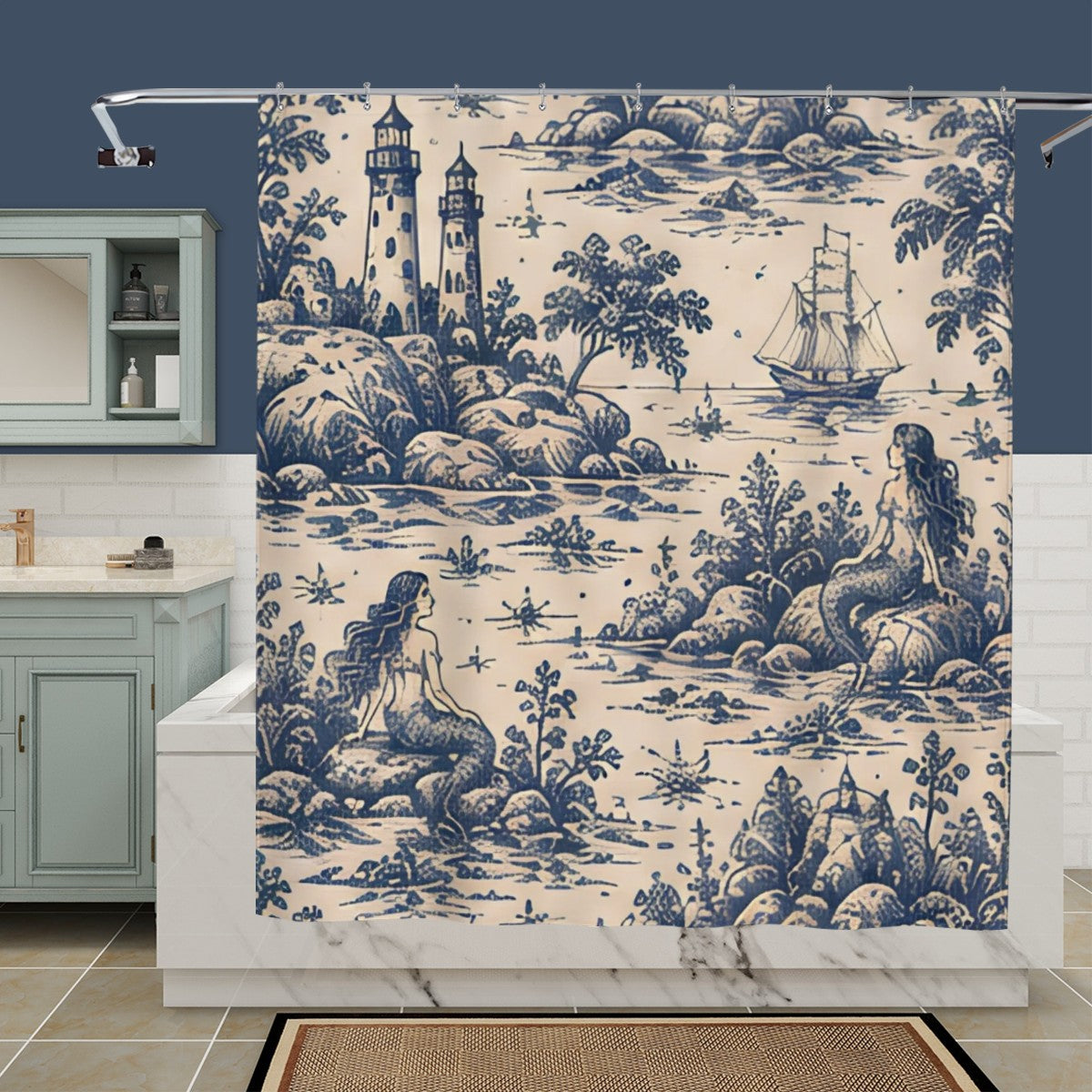 Blue and white toile shower curtain featuring mermaids, a sailing ship, and coastal lighthouses.