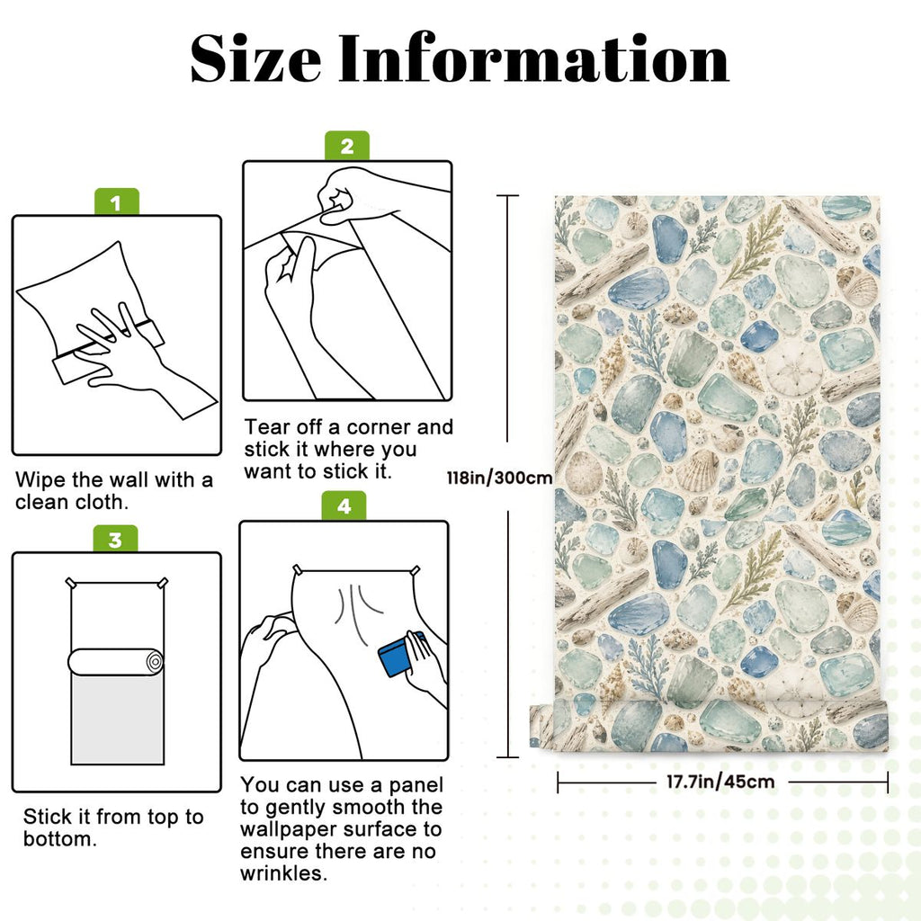 Step-by-step installation guide for a seashell pattern shower curtain.