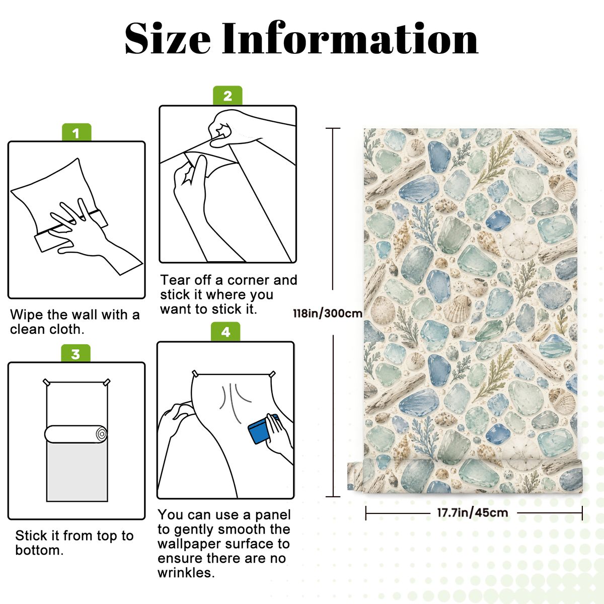 Step-by-step installation guide for a seashell pattern shower curtain.
