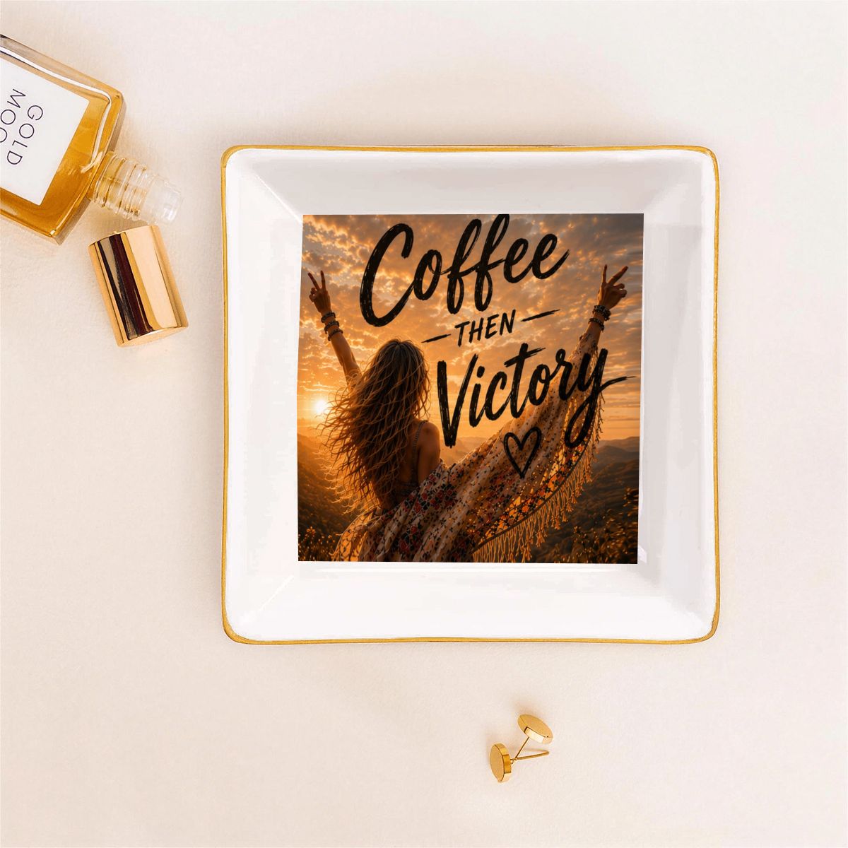 Gold Trim Ceramic Jewelry Dish — Coffee Then Victory