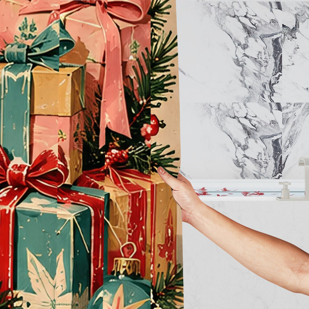Vintage Christmas Presents Shower Curtain | Pink Bows & Retro Ornaments