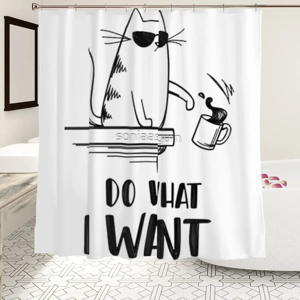 Sandy Beach bathroom decor shower curtain featuring playful "I do what I want" cat design, adds fun to bathroom decor.