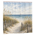 Sandy Beach bathroom decor shower curtain featuring ocean-inspired design with waves and sandy shoreline patterns.