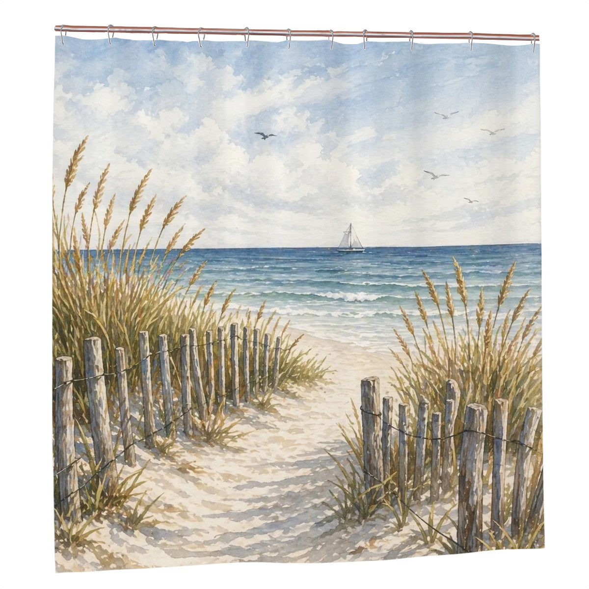 Sandy Beach bathroom decor shower curtain featuring ocean-inspired design with waves and sandy shoreline patterns.