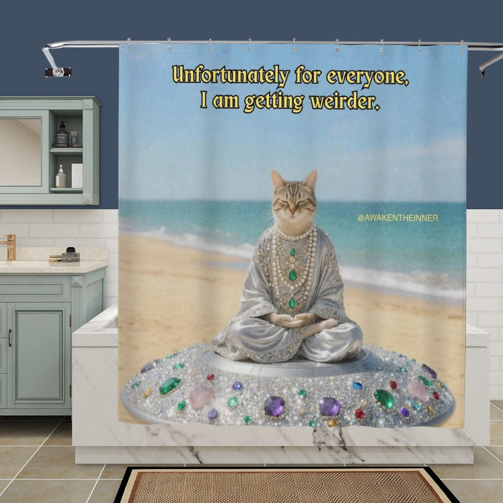 Meditating cat on sandy beach shower curtain, bathroom decor with peaceful coastal scene and relaxing feline design.