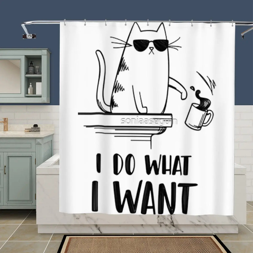 Sandy Beach I Do What I Want cat shower curtain with playful feline design for bathroom decor.