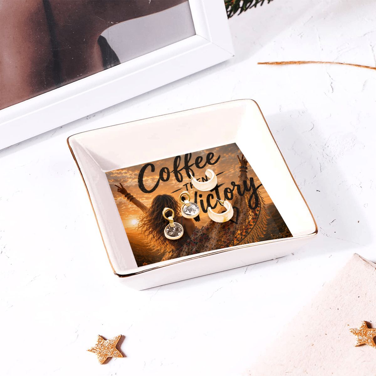 Gold Trim Ceramic Jewelry Dish — Coffee Then Victory