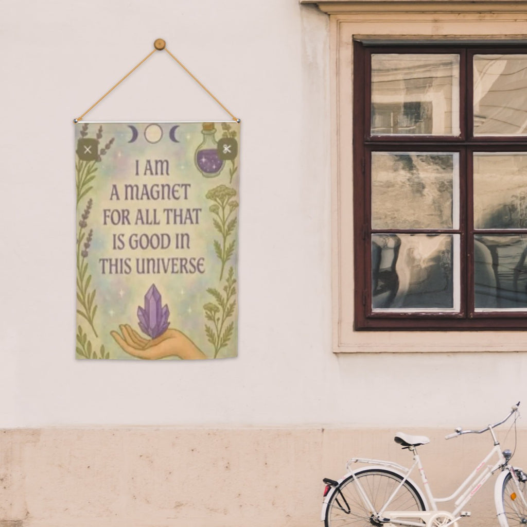 Sandy Beach garden decor flag with "I Am A Magnet For All That Is Good" inspirational message, featuring colorful design.