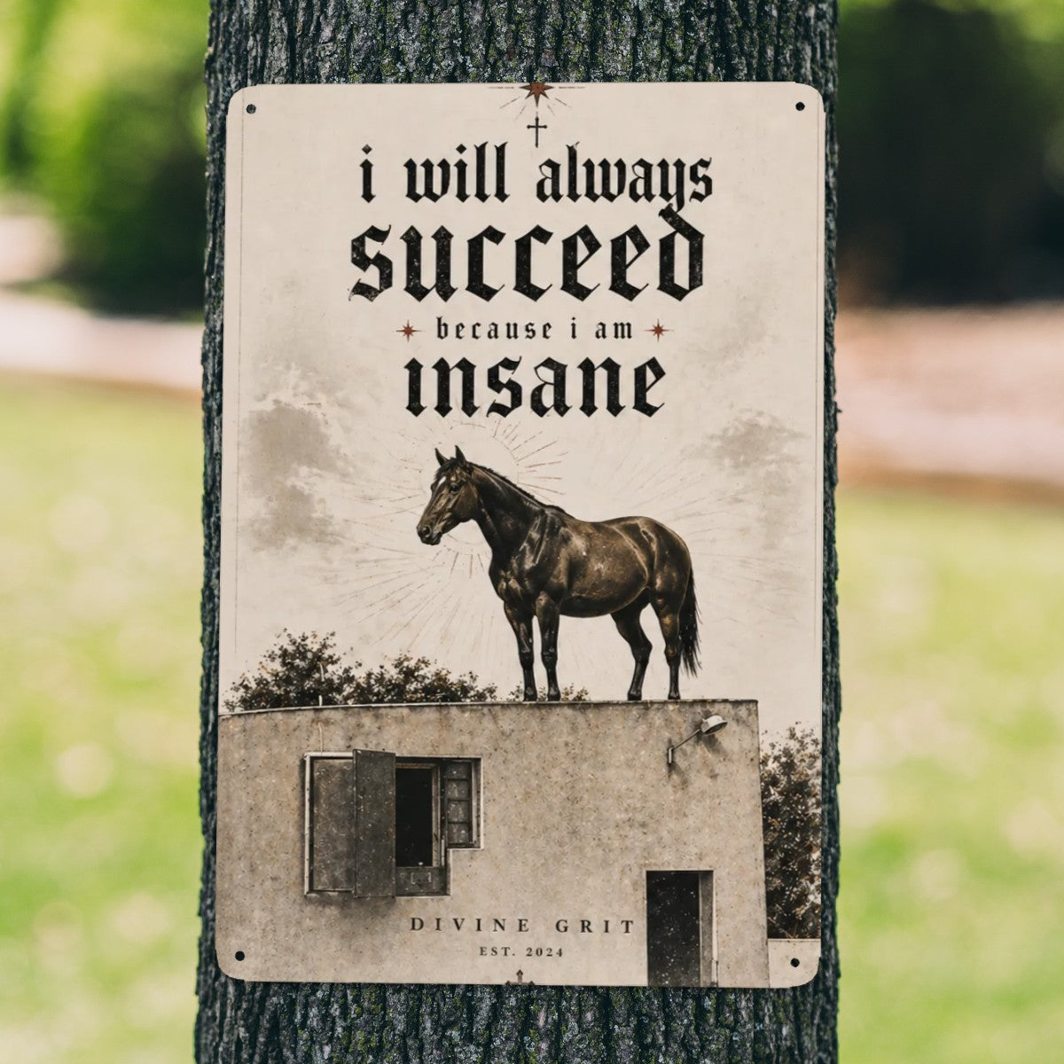 Vintage style garden flag with a horse and text reading I will always succeed because I am insane