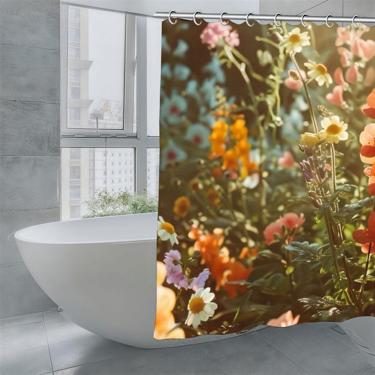 Floral shower curtain with colorful wildflowers in a bright bathroom setting.
