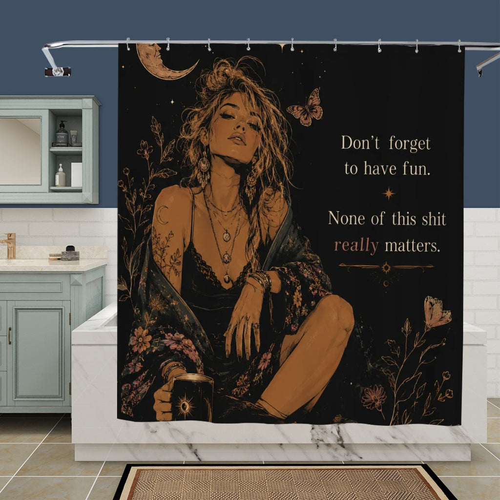 Black shower curtain featuring a mystical woman illustration and inspirational quote.