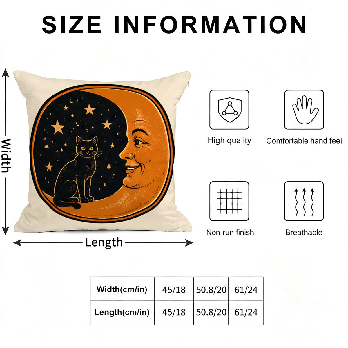 Decorative throw pillow featuring a black cat sitting on a crescent moon with stars.