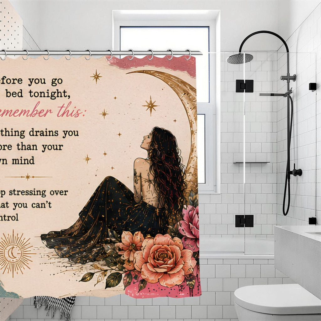 Boho celestial shower curtain featuring a woman sitting on a crescent moon with roses.