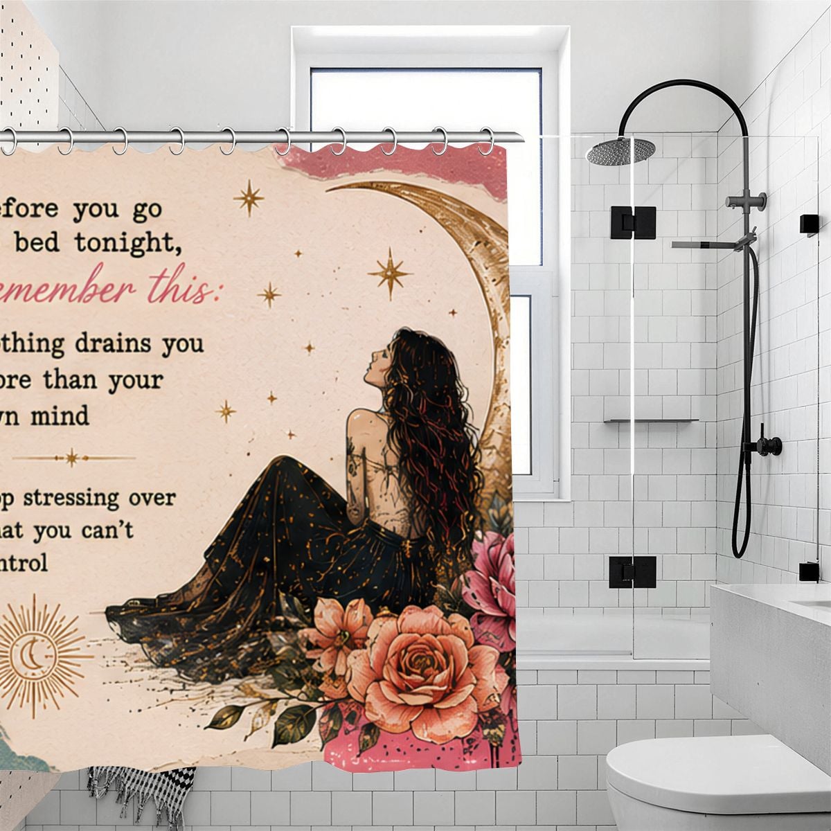 Boho celestial shower curtain featuring a woman sitting on a crescent moon with roses.