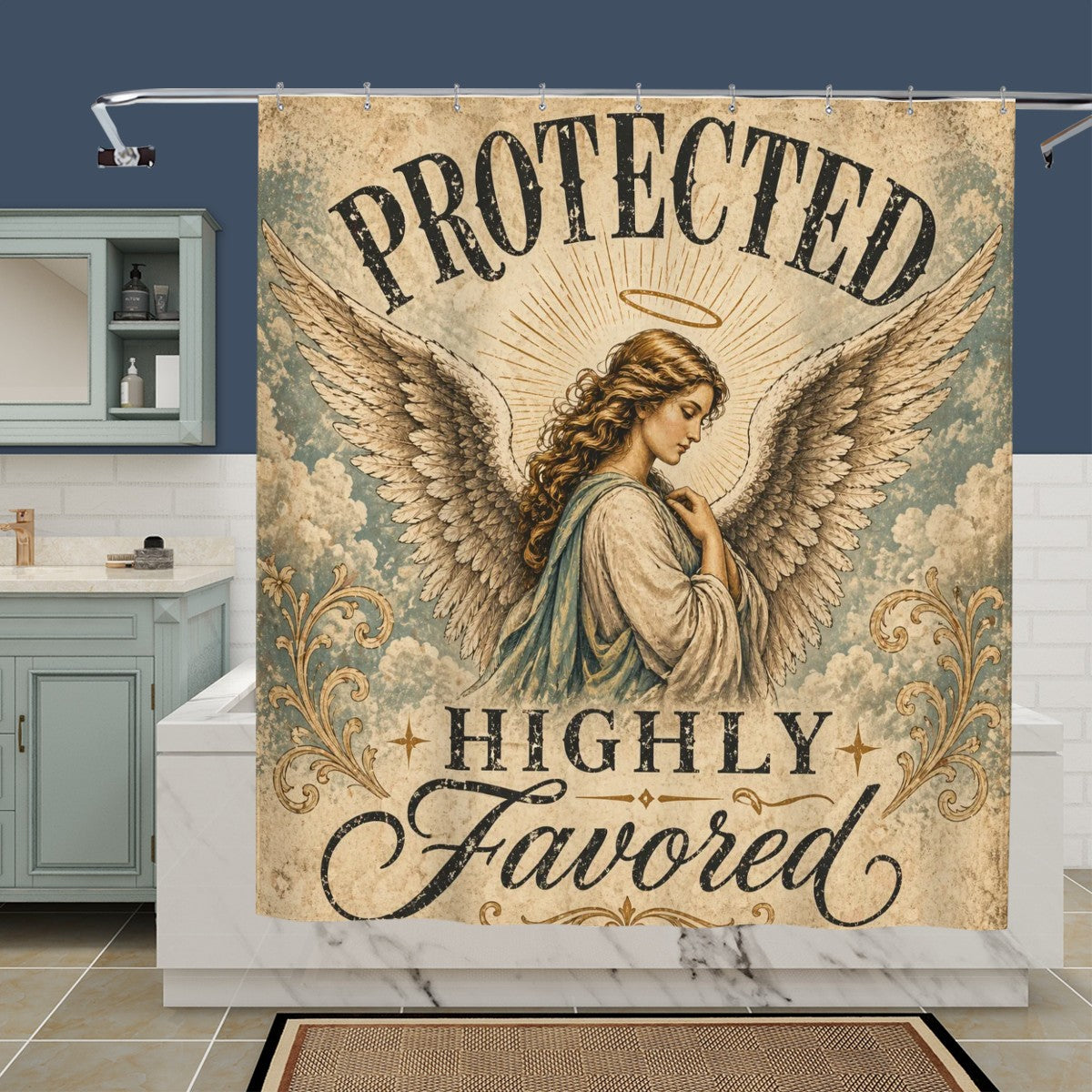 Protected & Highly Favored shower curtain featuring angel and spiritual design, perfect for faith-based Christian bathroom decor.