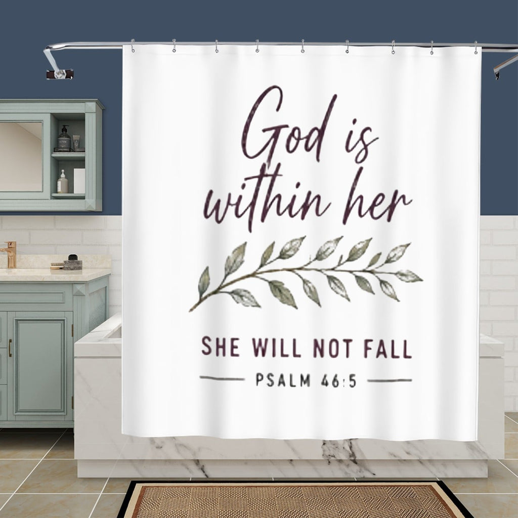 Sandy Beach bathroom decor shower curtain with ocean wave pattern, hanging in a modern bathroom setting.