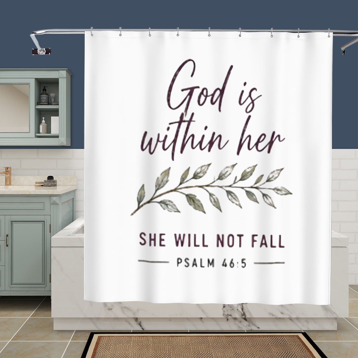 Sandy Beach bathroom decor shower curtain with ocean wave pattern, hanging in a modern bathroom setting.
