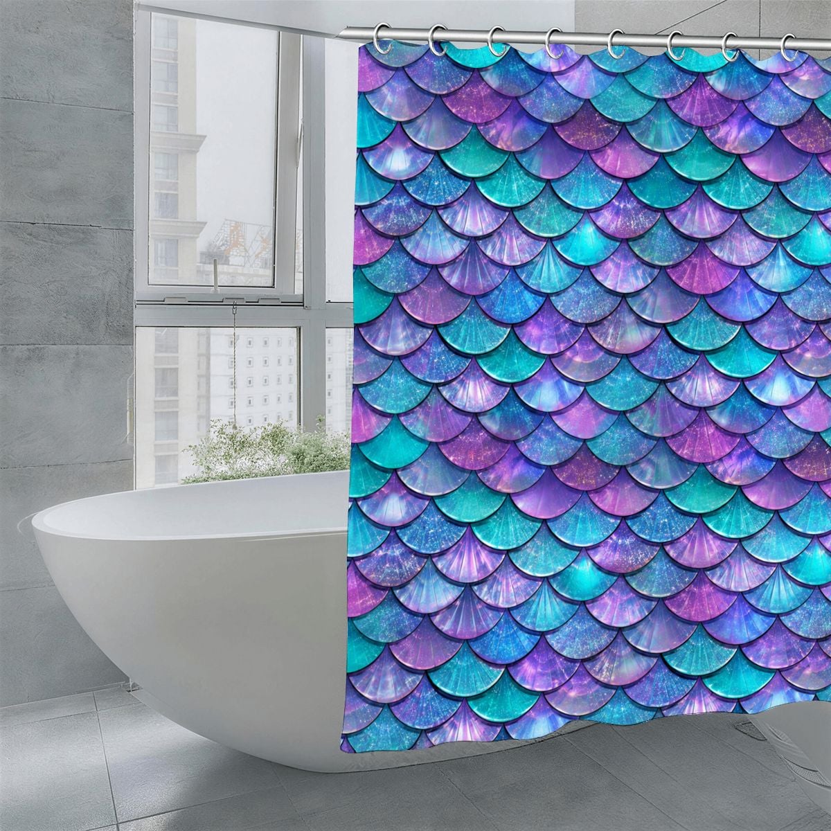 Mermaid Scales Shower Curtain | Iridescent Teal & Purple Bathroom Decor