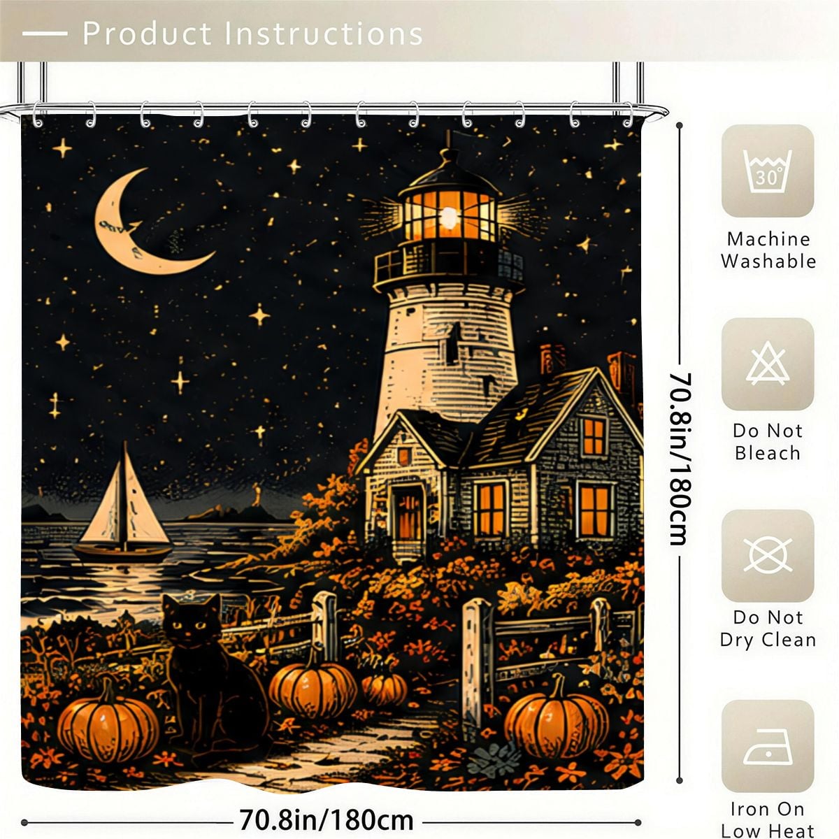Lighthouse and sailboat night scene shower curtain with pumpkins and a black cat.