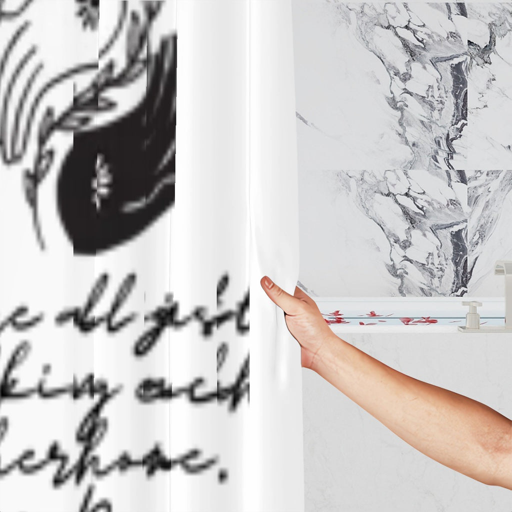 Yin Yang shower curtain featuring black and white design, ideal for bathroom decor from Sandy Beach.