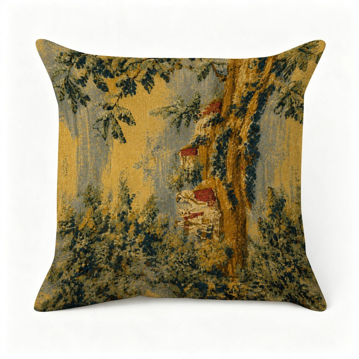 Vintage tapestry throw pillow with a scenic forest and cottage landscape in gold and blue tones.