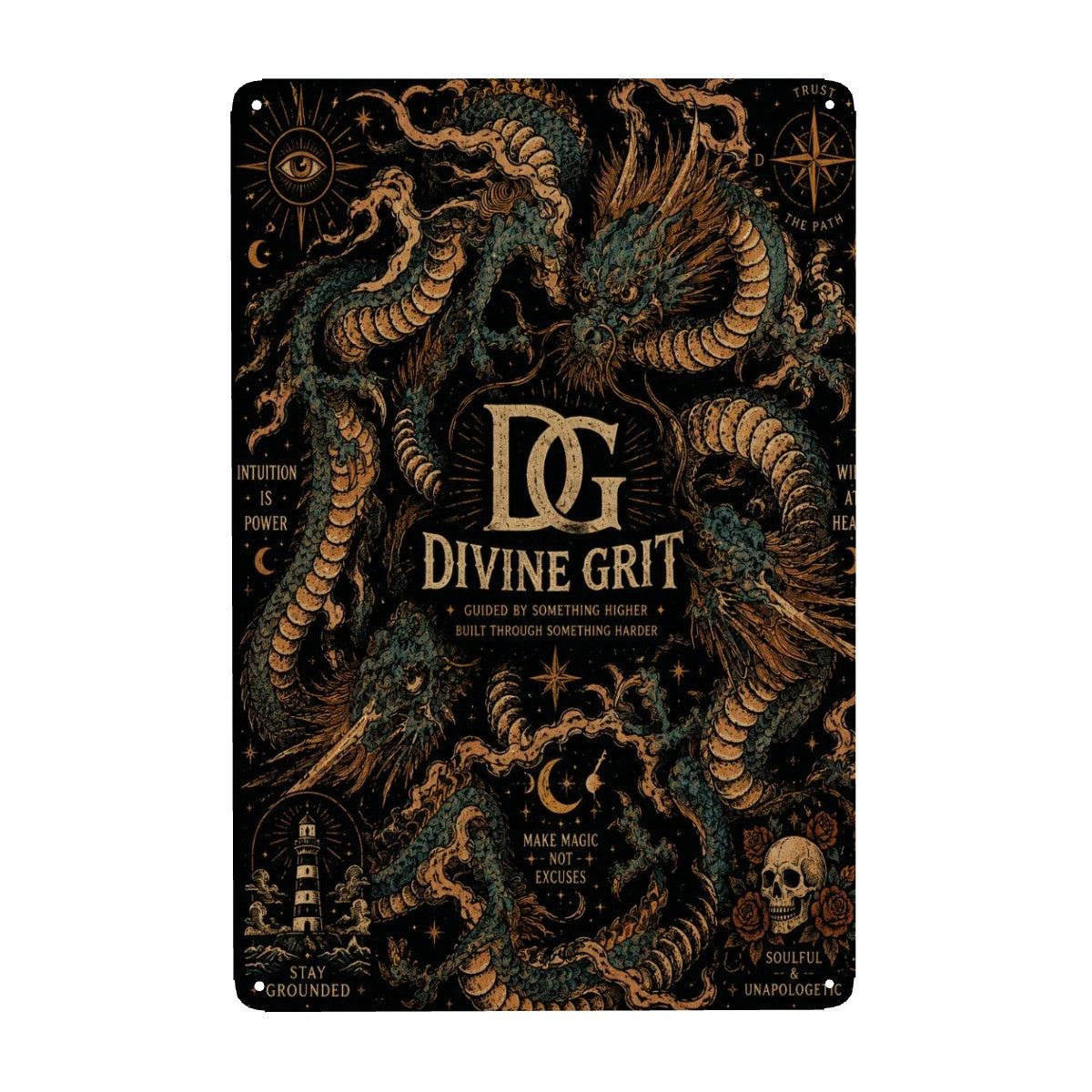 Vintage style metal sign featuring a mystical dragon with spiritual quotes and celestial symbols.