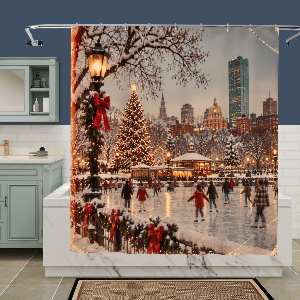 Boston Frog Pond Christmas Shower Curtain | Winter Ice Skating Scene