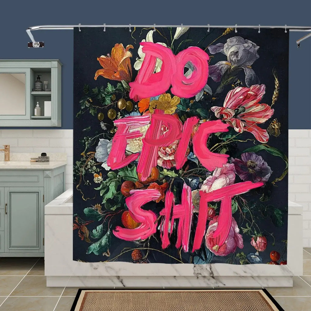 Sandy Beach Do Epic Sh*t bathroom shower curtain with bold lettering, vibrant design, perfect for modern bathroom decor.