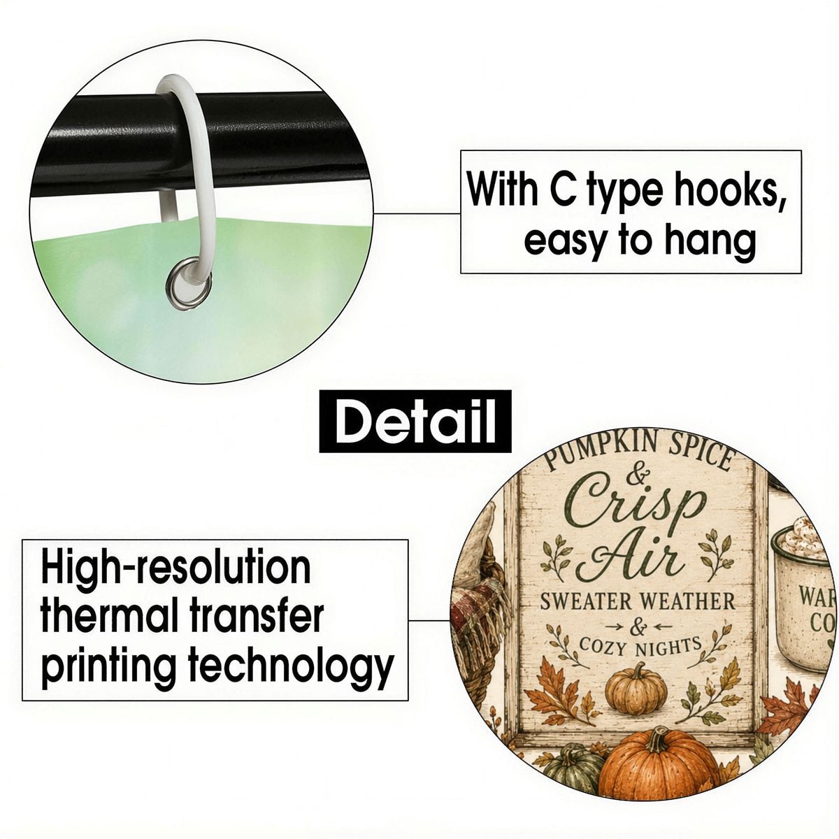 Close-up of C-type hooks for easy hanging and high-resolution thermal transfer print detail.