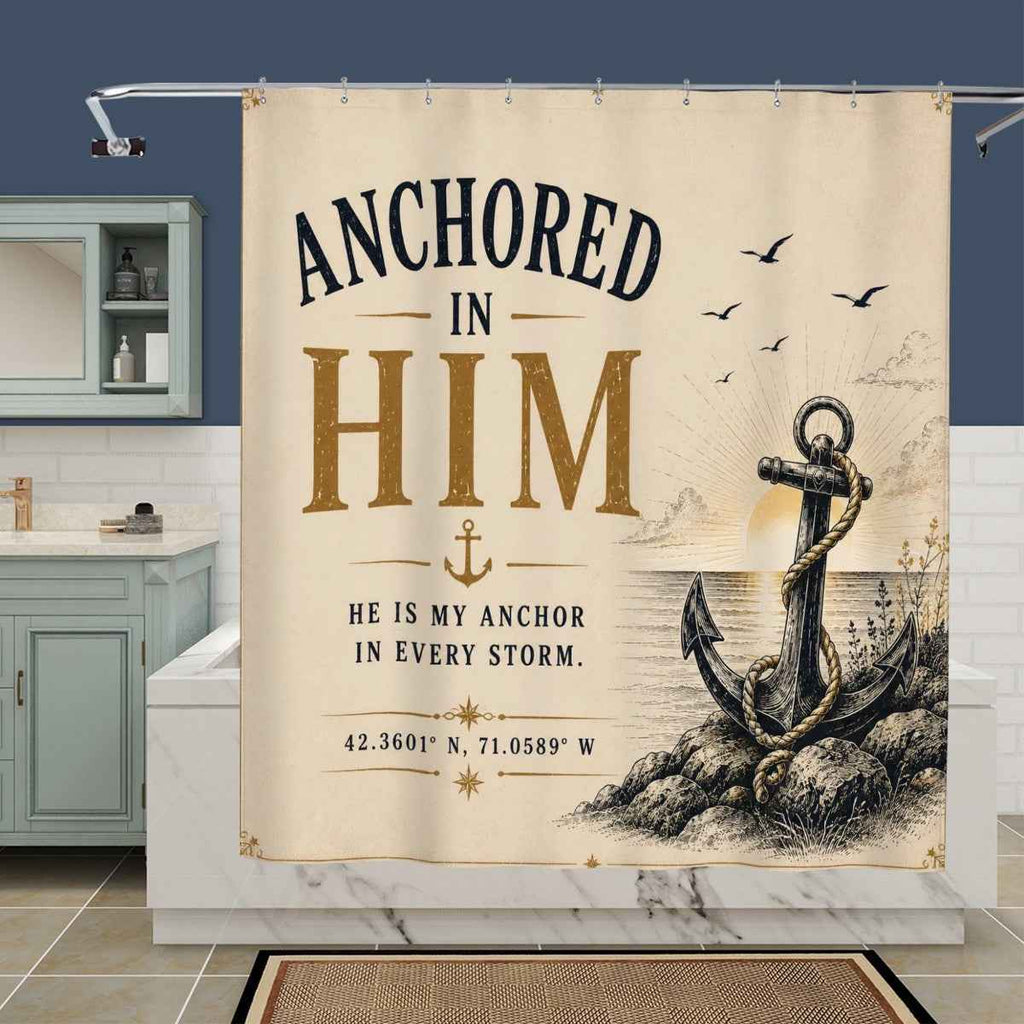 Anchored in Him Shower Curtain – Christian Nautical Bathroom Decor & Faith Gift