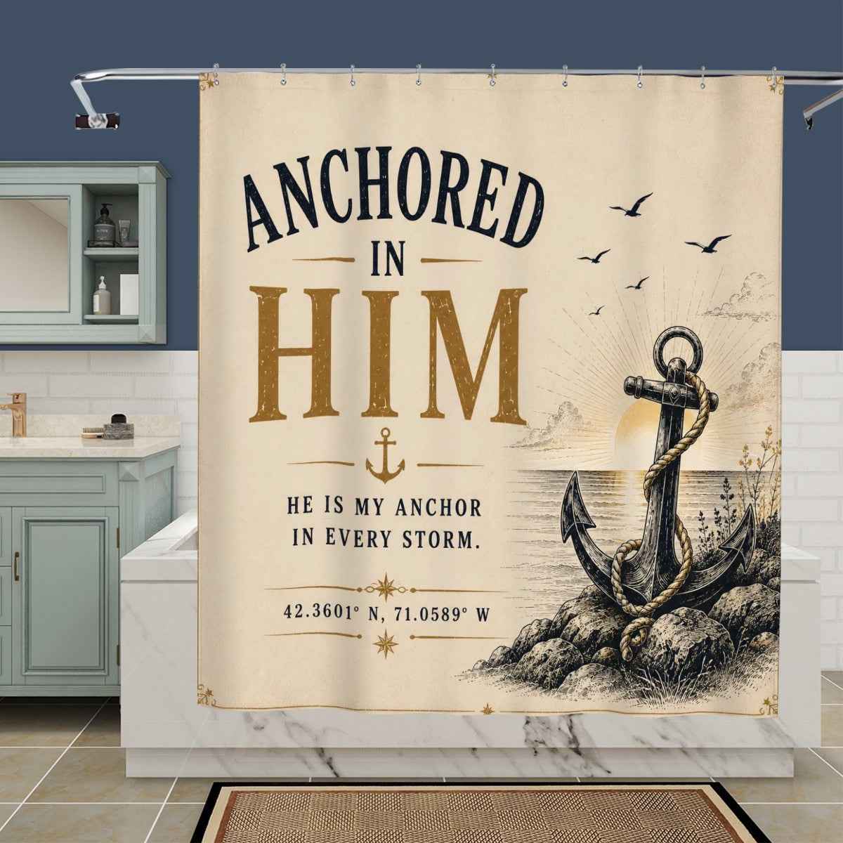 Anchored in Him Shower Curtain – Christian Nautical Bathroom Decor & Faith Gift
