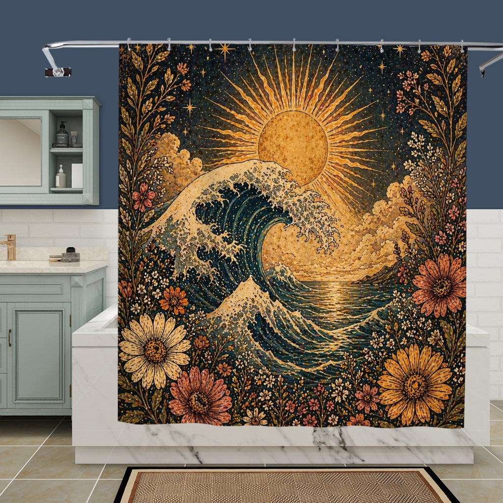 Sandy Beach bathroom decor shower curtain with ocean wave pattern hanging in a modern bathroom setting