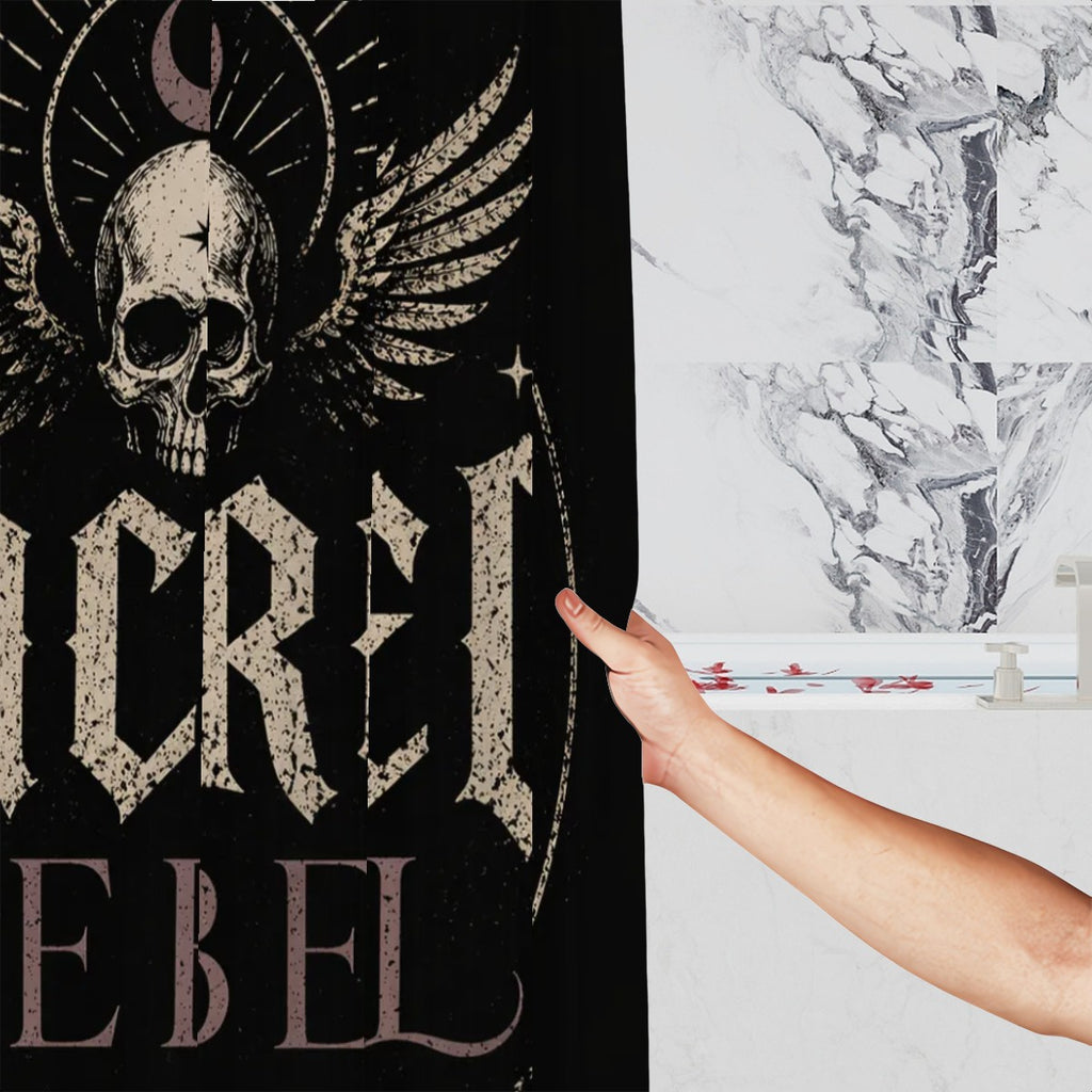 Sacred Rebel Gothic shower curtain by Sandy Beach featuring spiritual skull wing design for dark mystic bathroom decor.