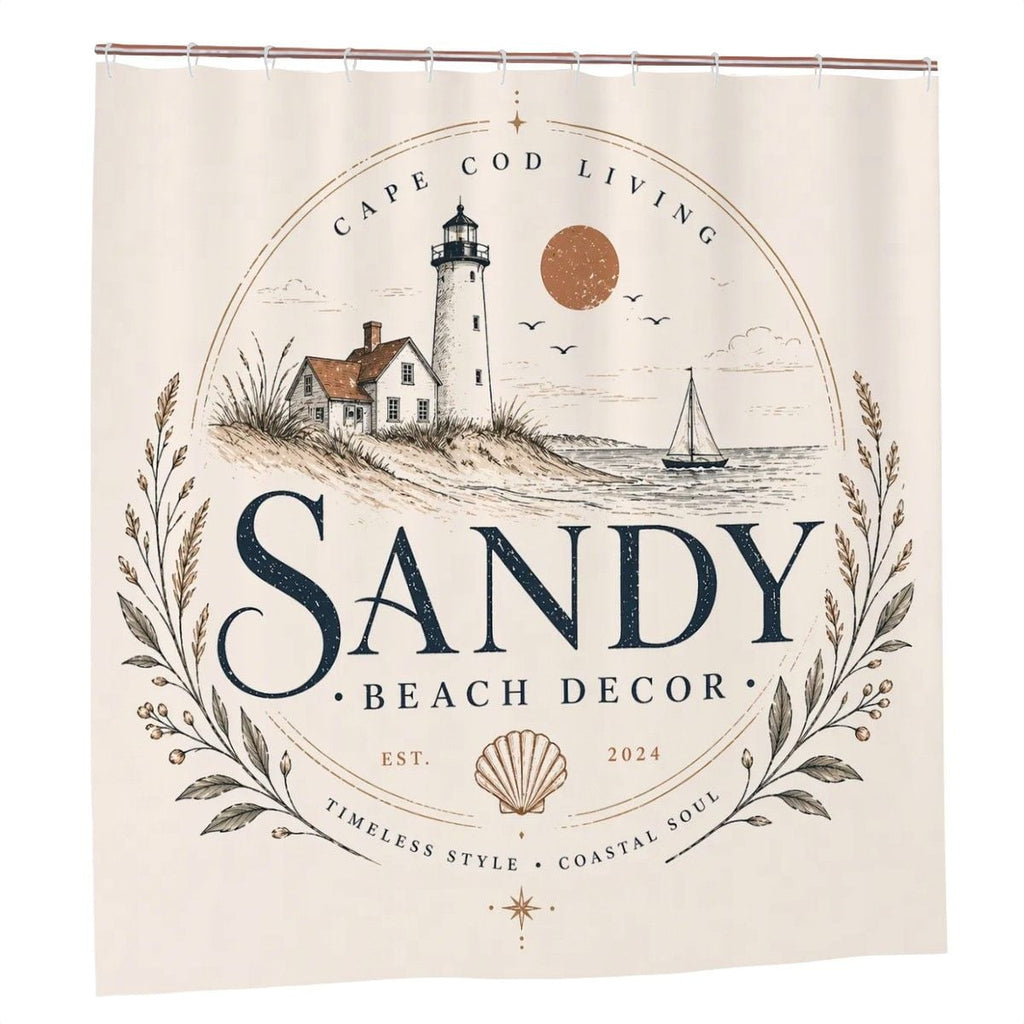 Sandy Beach bathroom decor shower curtain with ocean-inspired design hanging in a modern shower stall.