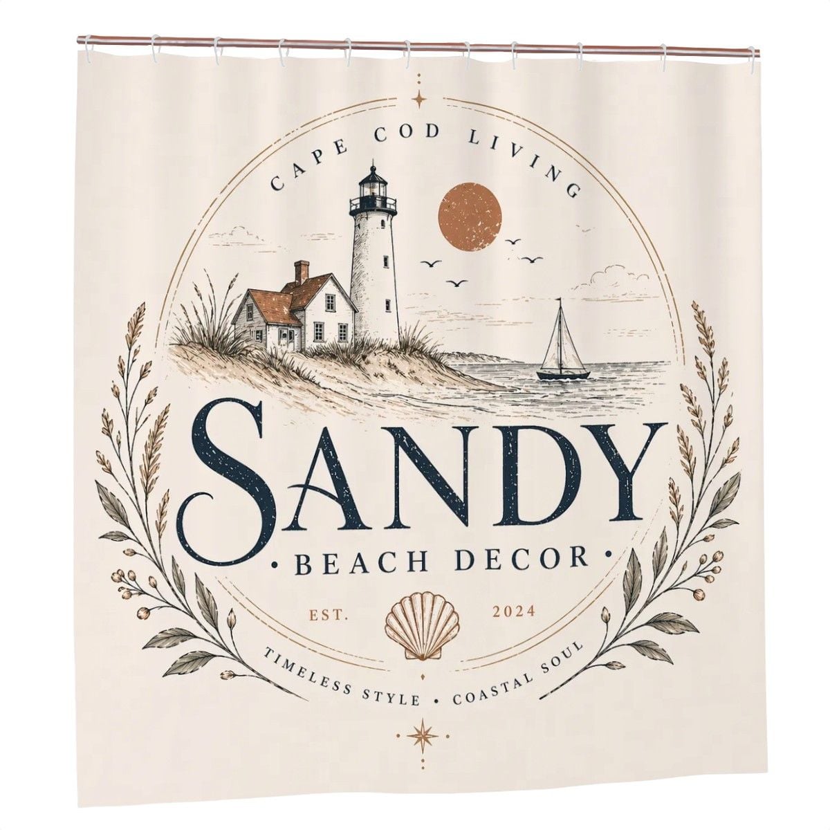 Sandy Beach bathroom decor shower curtain with ocean-inspired design hanging in a modern shower stall.