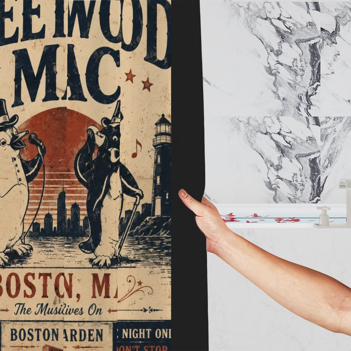 Vintage style Fleetwood Mac concert poster shower curtain in a marble bathroom.