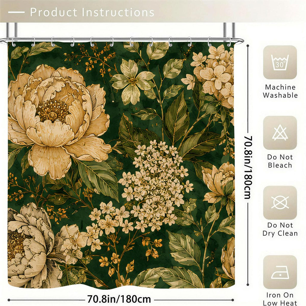 Dark Green Vintage Botanical Shower Curtain | Peony & Wildflower Bathroom Decor