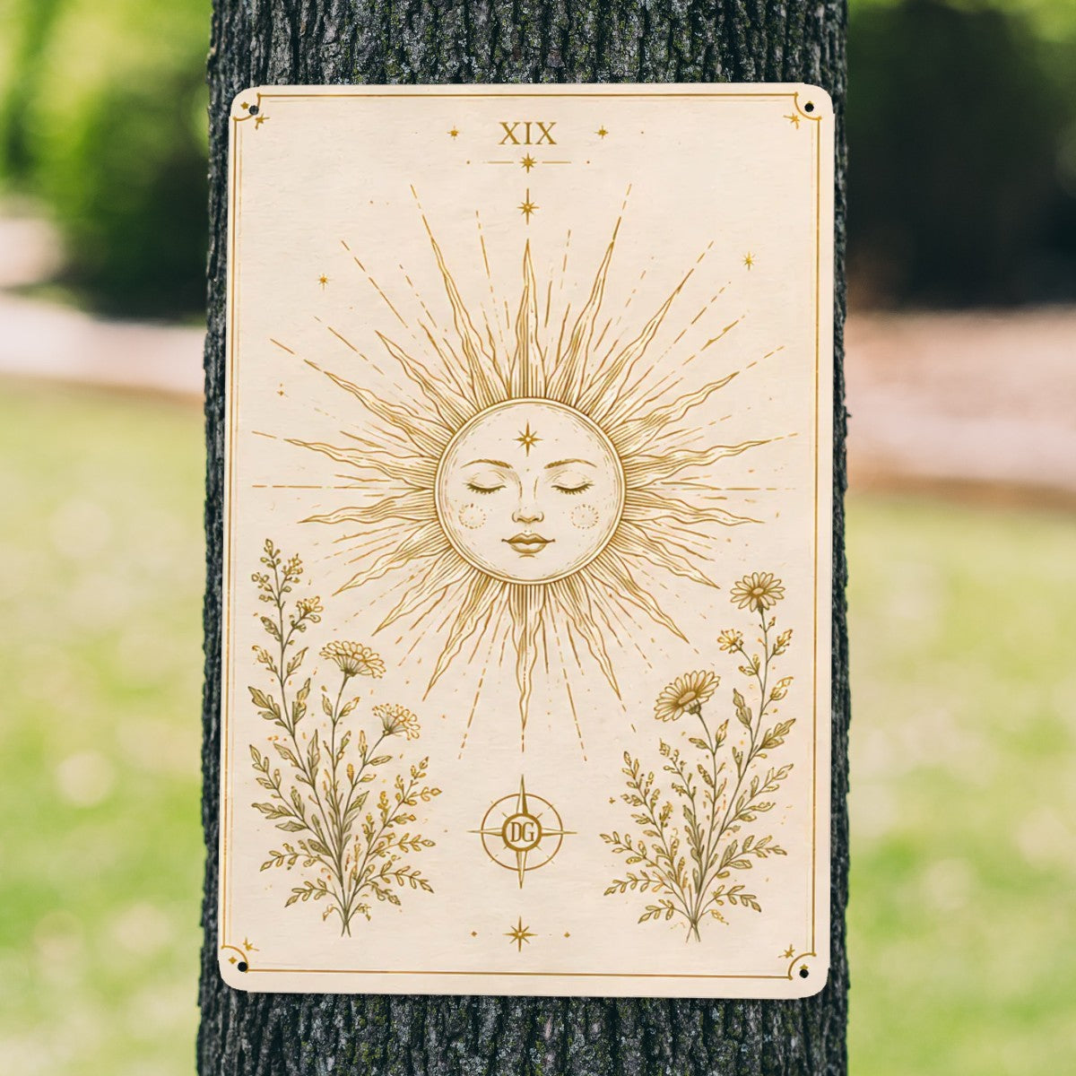 Celestial sun face with botanical floral patterns on a decorative garden flag.