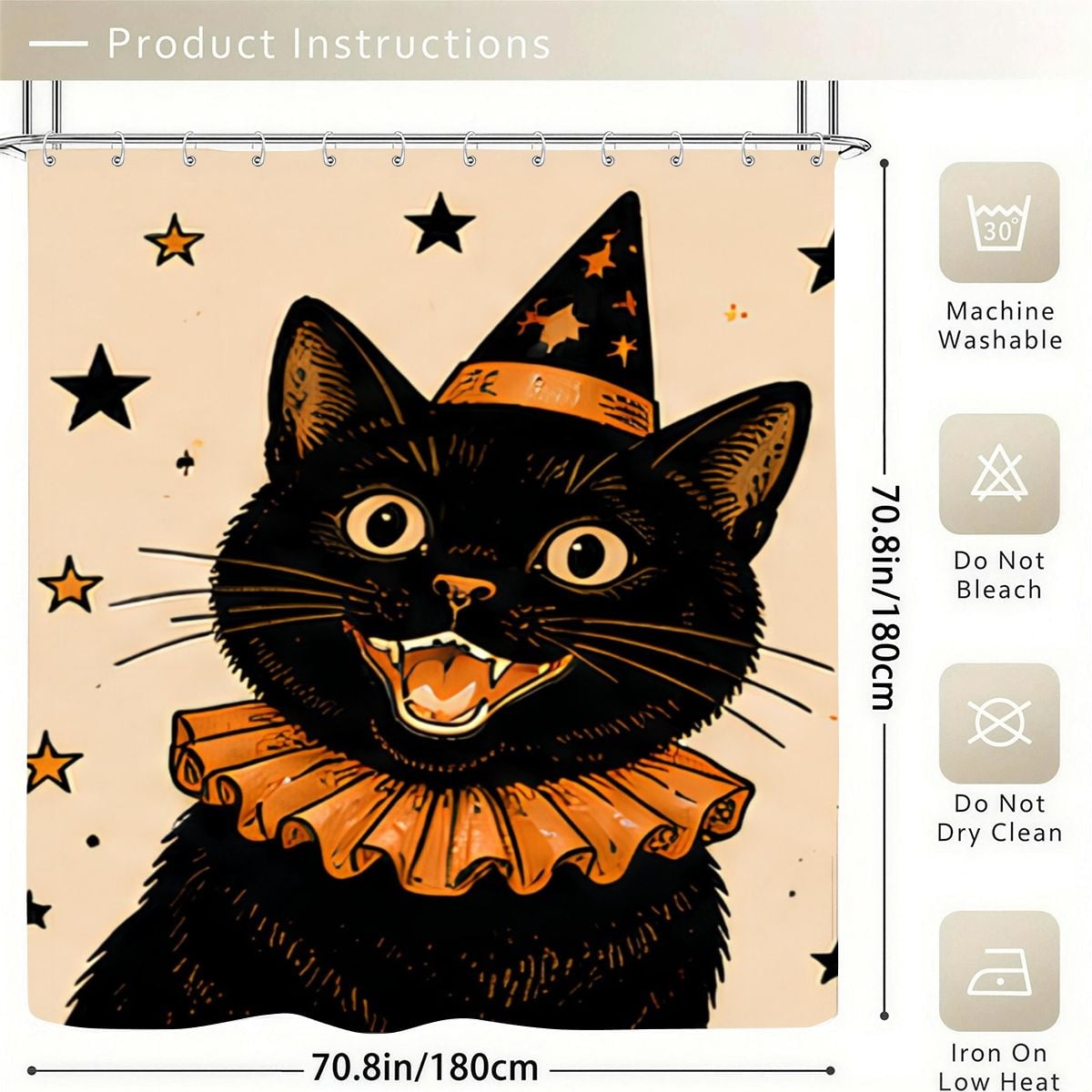 Black cat with a witch hat and orange ruff on a cream shower curtain.