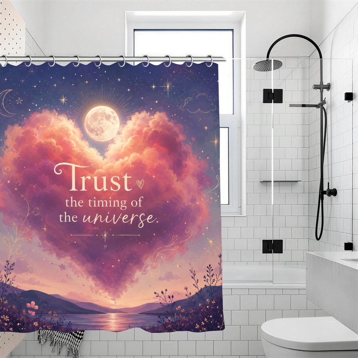 Celestial shower curtain featuring a heart-shaped cloud and moon with 'Trust the timing of the universe' text.