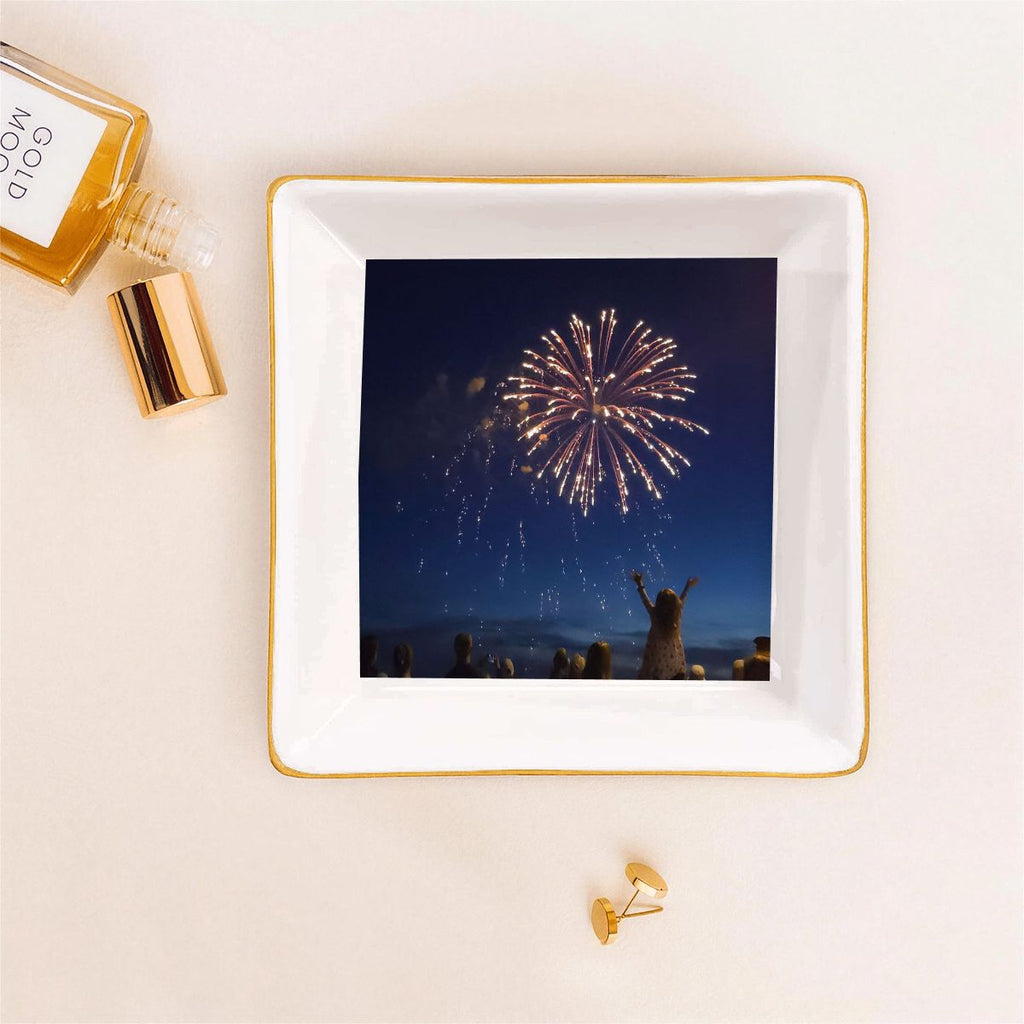 Fireworks Gold Trim Ceramic Jewelry Dish