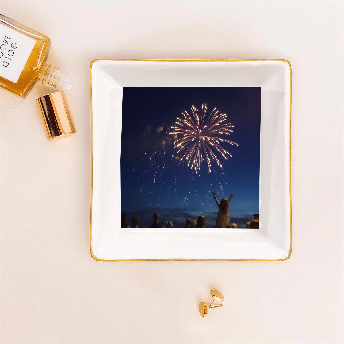 Fireworks Gold Trim Ceramic Jewelry Dish