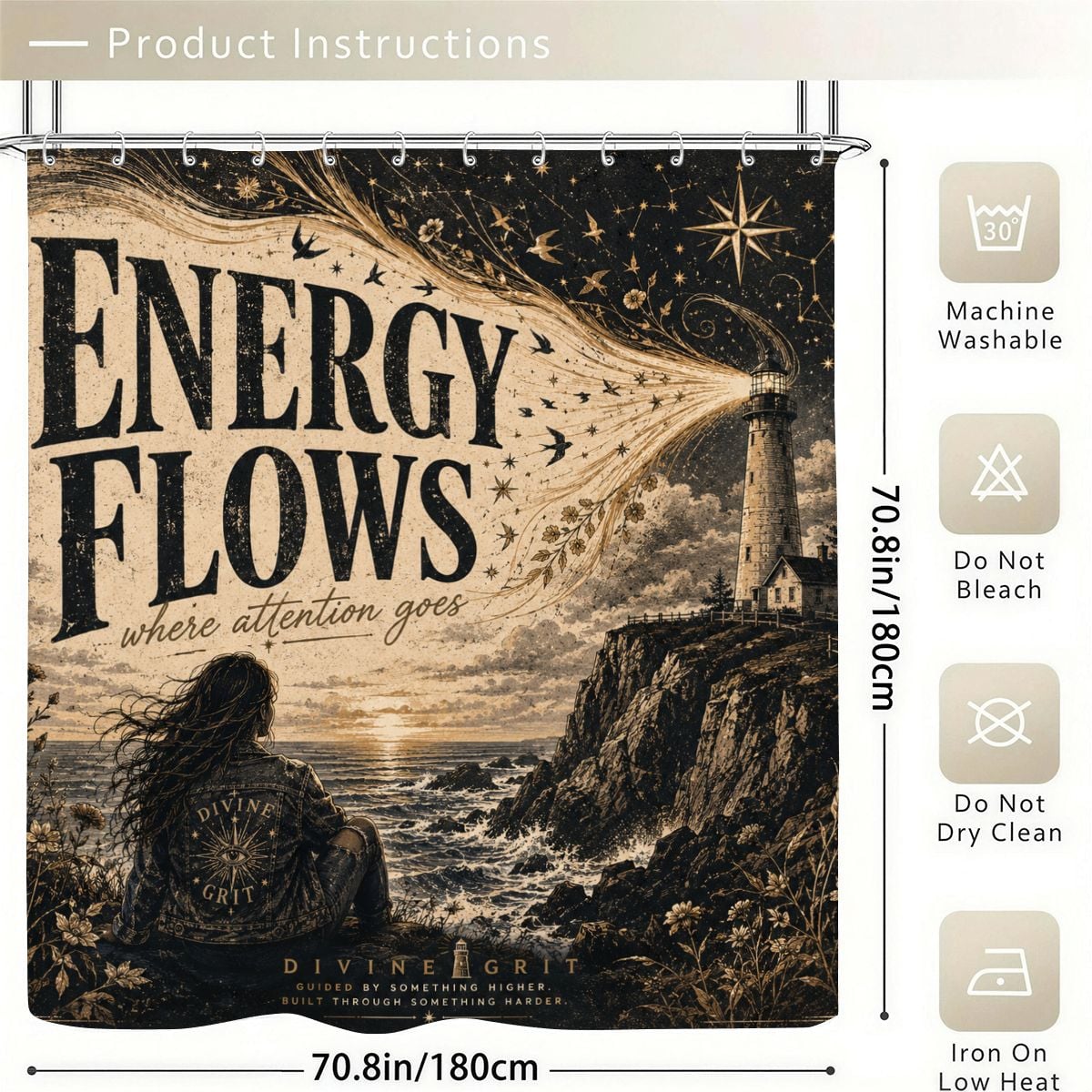 Boho style shower curtain featuring mystical energy flows text and a lighthouse landscape.
