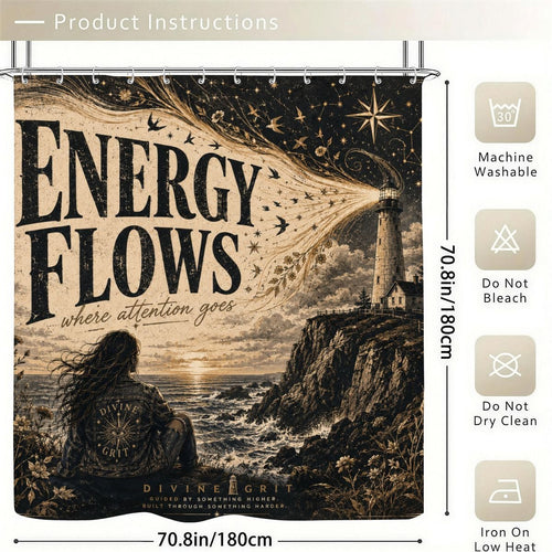 Boho style shower curtain featuring mystical energy flows text and a lighthouse landscape.
