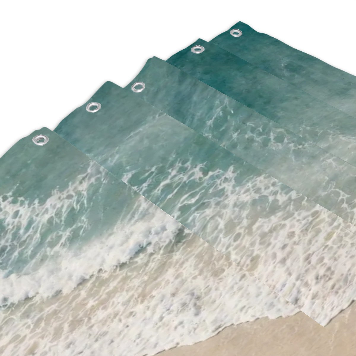 Sandy Beach bathroom decor shower curtain with ocean wave design hanging in a modern shower space
