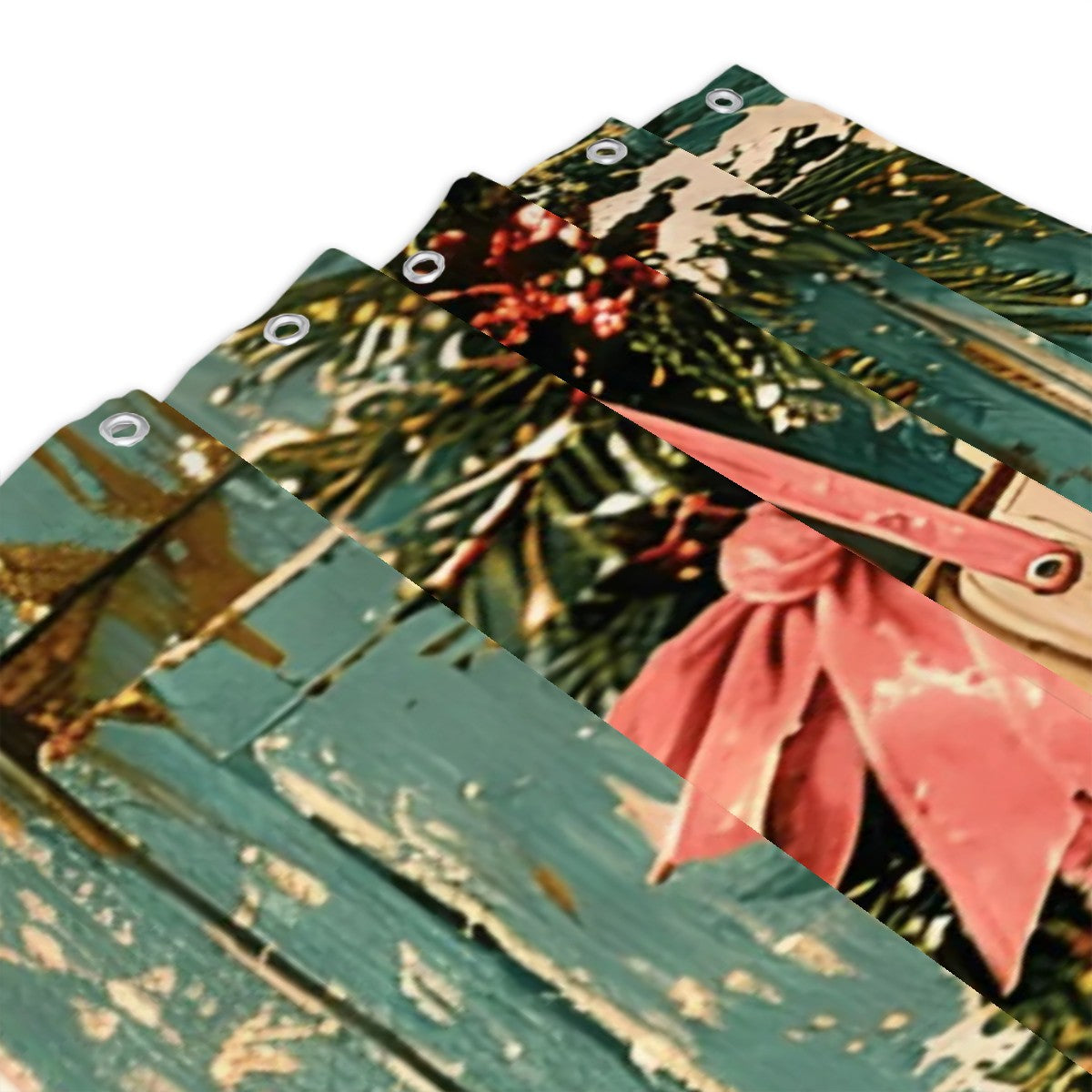 Vintage Ice Skates Christmas Shower Curtain | Pink Bow & Rustic Green Door