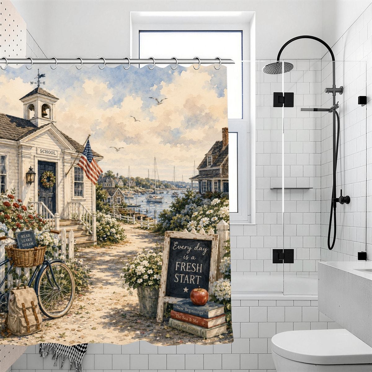 Watercolor style shower curtain featuring a coastal schoolhouse and harbor scene.